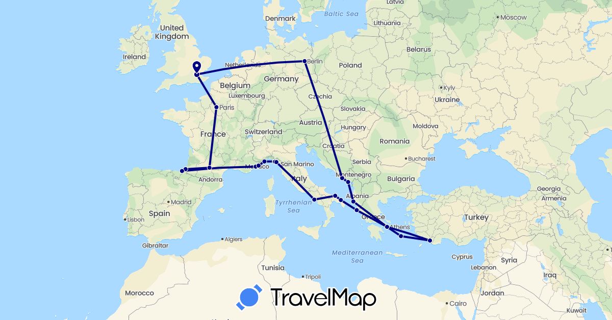 TravelMap itinerary: driving in Albania, Germany, Spain, France, United Kingdom, Greece, Croatia, Italy, Montenegro, Turkey (Asia, Europe)